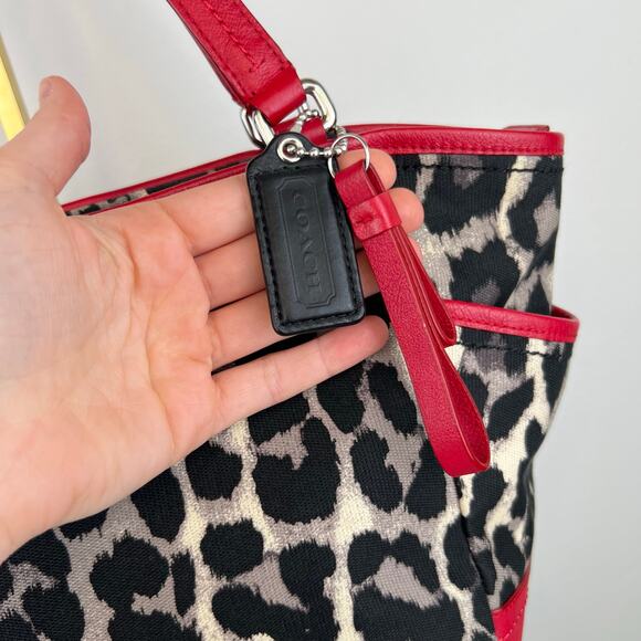 COACH Leopard Print Canvas Red Leather Tote Shoulder Purse Bag Authentic - Picture 6 of 16